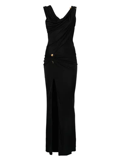 Versace Embellished Draped Stretch-jersey Gown In Black