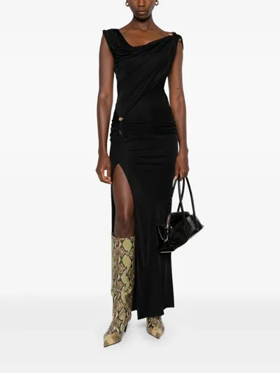 Versace Embellished Draped Stretch-jersey Gown In Black