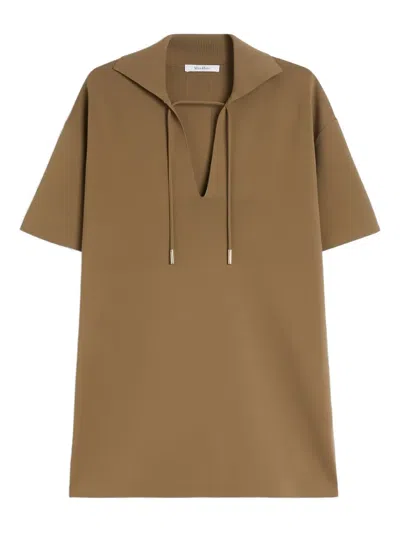 Max Mara Relaxed Fit Deep V-neck Brown Top With Drawstring Details In Brown