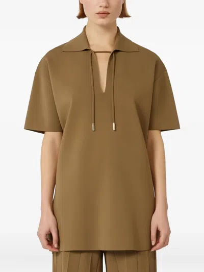 Max Mara Relaxed Fit Deep V-neck Brown Top With Drawstring Details In Brown