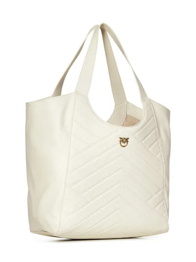 Pinko Puzzle-quilted Leather Shopper Bag With Logo Plate In Neutral