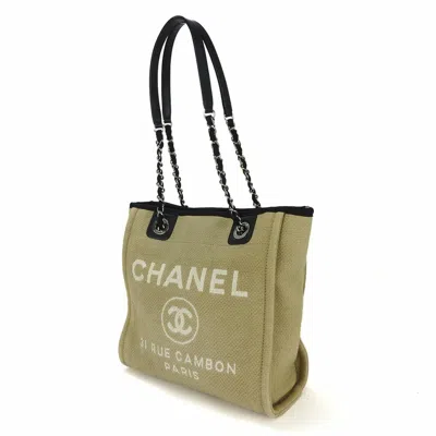 Pre-owned Chanel Beige Black Canvas Leather Tote Bag ()