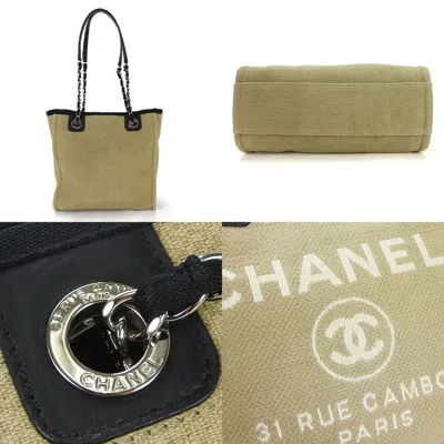 Pre-owned Chanel Beige Black Canvas Leather Tote Bag ()