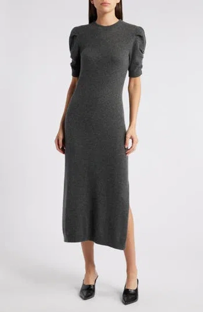Frame Cashmere Ruched-sleeve Dress In Dark Gris Heather