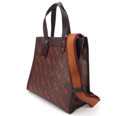 Pre-owned Coach Bordeaux Brown Red Color Coated Canvas Leather Canvas Tote Bag ()