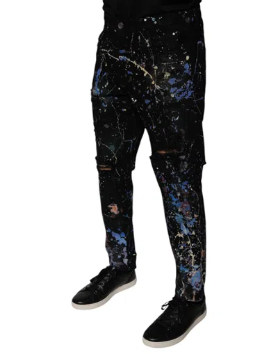 Dolce & Gabbana Black Color Splash Cotton Skinny Denim Jeans In Black