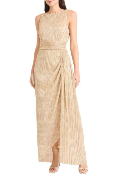 Maggy London Textured Metallic Side Ruched Gown In Brown