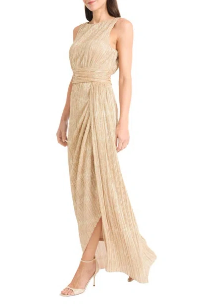 Maggy London Textured Metallic Side Ruched Gown In Brown
