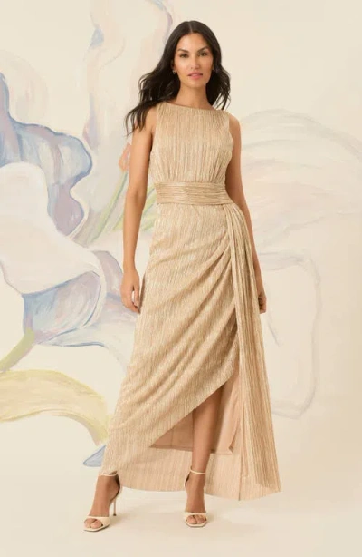 Maggy London Textured Metallic Side Ruched Gown In Brown