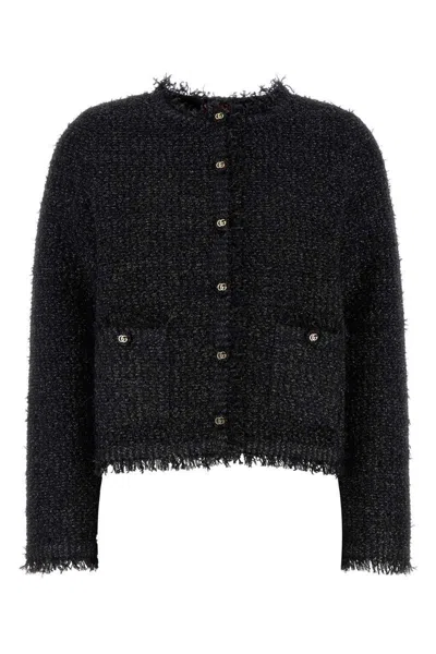 Gucci Black Crewneck Jacket With Double G Logo Buttons In Tech Fabric Woman