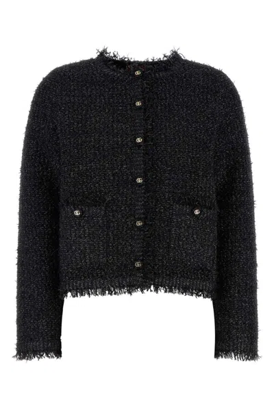 Gucci Black Crewneck Jacket With Double G Logo Buttons In Tech Fabric Woman