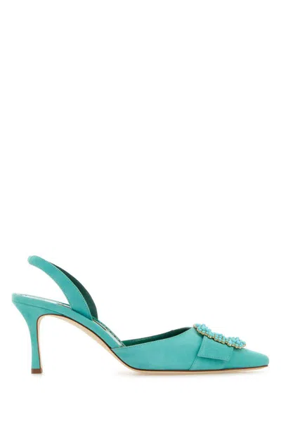 Manolo Blahnik Suede Pumps With Embellished Detail And Kitten Heel In Blue