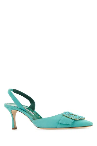Manolo Blahnik Suede Pumps With Embellished Detail And Kitten Heel In Blue