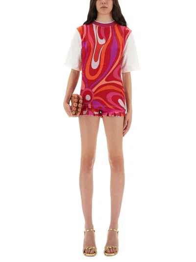 Pucci T-shirt With Colorful Iris Print And Crew Neck In Red