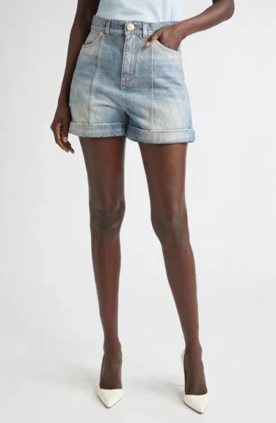 Balmain Rolled Hem Denim Shorts With Diamond Stitched Pattern In Blue
