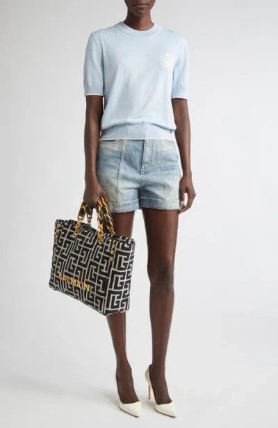 Balmain Rolled Hem Denim Shorts With Diamond Stitched Pattern In Blue