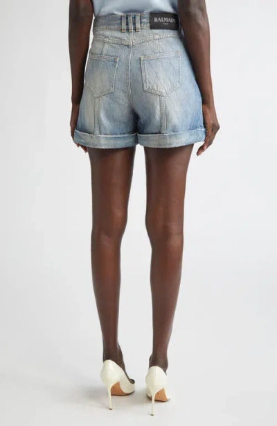 Balmain Rolled Hem Denim Shorts With Diamond Stitched Pattern In Blue