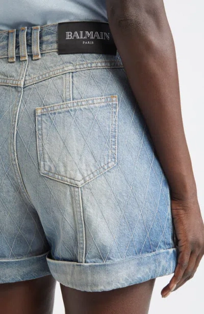 Balmain Rolled Hem Denim Shorts With Diamond Stitched Pattern In Blue
