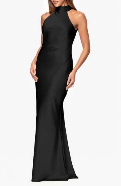 Xscape Evenings Halter Neck Satin Sheath Gown In Black