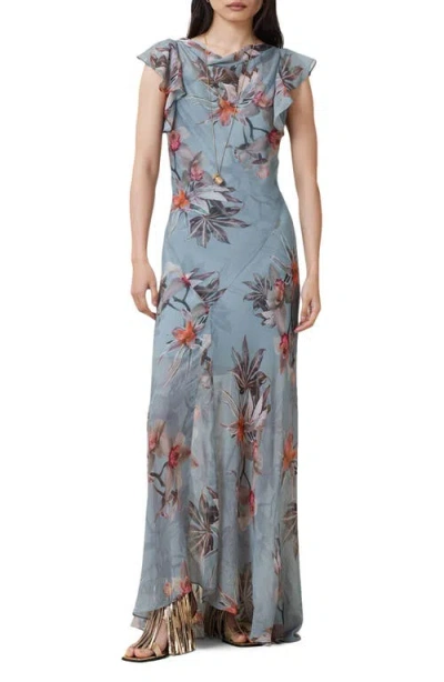 Allsaints Womens Flora Cowl-neck Floral-print Silk-blend Maxi Dress Adena Dusty Bl In Blue