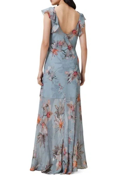Allsaints Womens Flora Cowl-neck Floral-print Silk-blend Maxi Dress Adena Dusty Bl In Blue