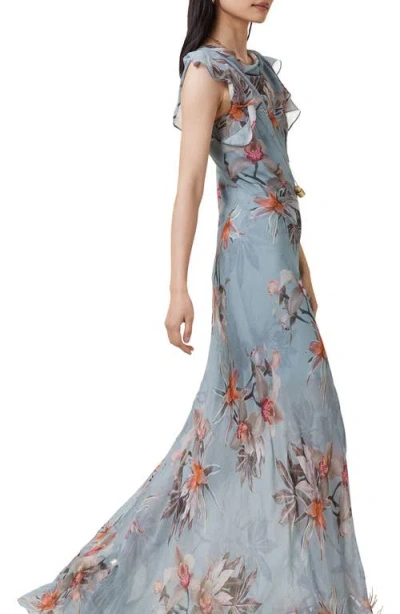 Allsaints Womens Flora Cowl-neck Floral-print Silk-blend Maxi Dress Adena Dusty Bl In Blue