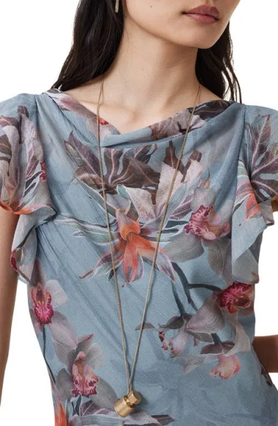 Allsaints Womens Flora Cowl-neck Floral-print Silk-blend Maxi Dress Adena Dusty Bl In Blue