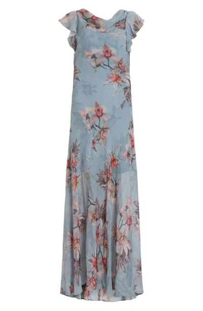 Allsaints Womens Flora Cowl-neck Floral-print Silk-blend Maxi Dress Adena Dusty Bl In Blue