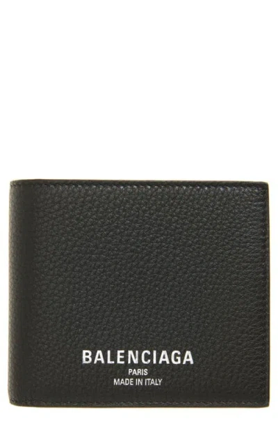 Balenciaga Men Black Bi-fold Wallet With Logo Lettering On The Front In Grained Leather Man