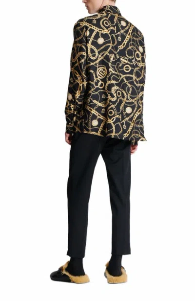 Balmain Black Shirt With Pointed Collar And Chain Print With Logo In Black