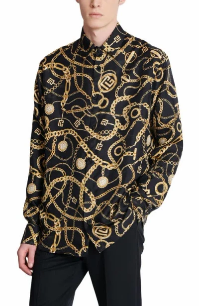 Balmain Black Shirt With Pointed Collar And Chain Print With Logo In Black