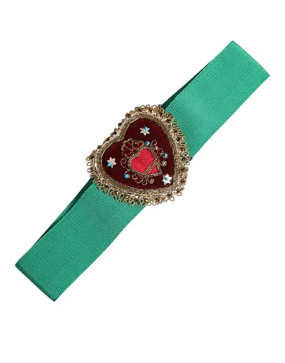 Dolce & Gabbana Green Stretch Wide Waist Heart Embellished Women's Belt In Green