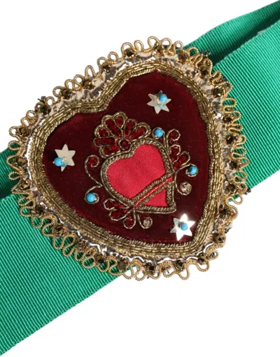Dolce & Gabbana Green Stretch Wide Waist Heart Embellished Women's Belt In Green
