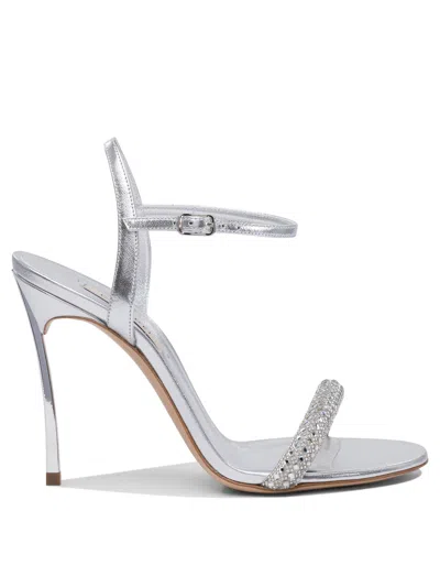 Casadei Crystal-embellished Silver Sandals With Steel Blade Heel In Metallic