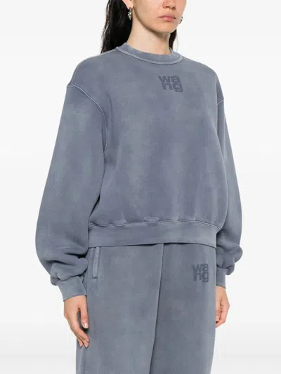 Alexander Wang Omens Crewneck Logo-embroidered Cotton-blend Sweatshirt Washed Blue Ink In Blue