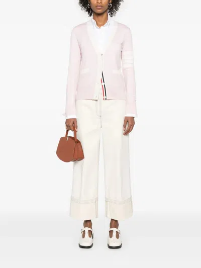 Thom Browne Relaxed Fit V Neck Cardigan With 4 Bar Stripe In Pink