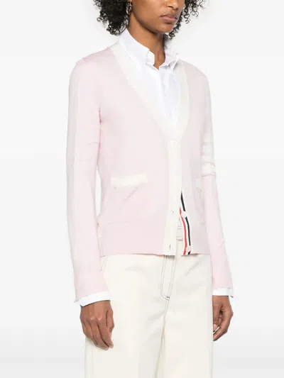 Thom Browne Relaxed Fit V Neck Cardigan With 4 Bar Stripe In Pink