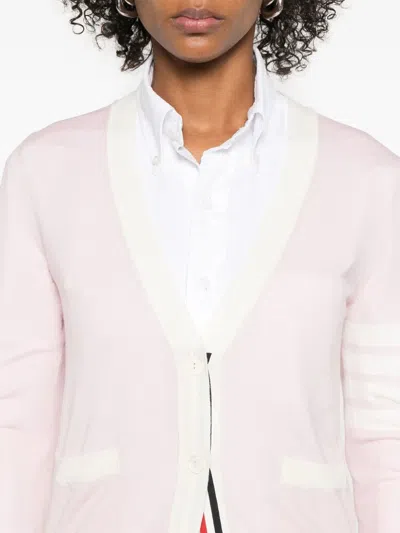 Thom Browne Relaxed Fit V Neck Cardigan With 4 Bar Stripe In Pink