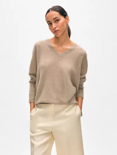 White + Warren Cashmere Featherweight V Neck Sweater In Taupe Heather