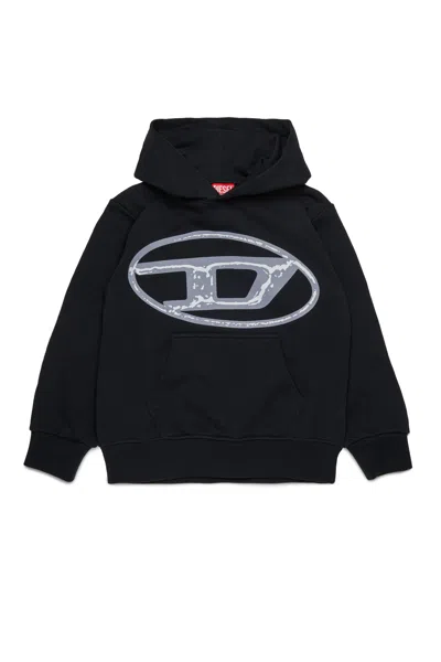 Diesel Felpa Con Cappuccio E Maxi Logo Oval D Bicolor In Black