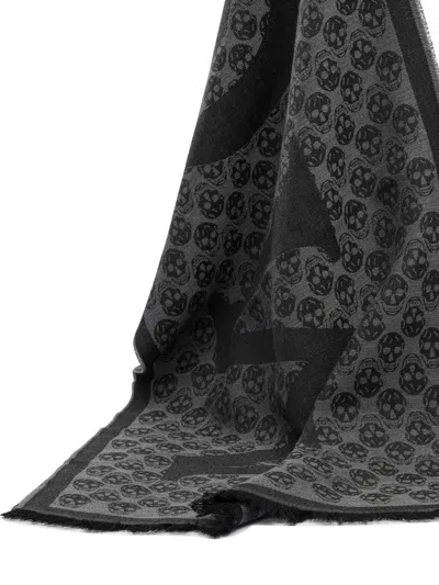 Alexander Mcqueen Multi-logo Wool Scarf With Fringed Edges In Black