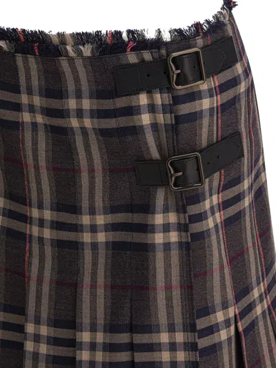 Burberry Wool Skirt With Embroidered Buckle And Pleats In Brown