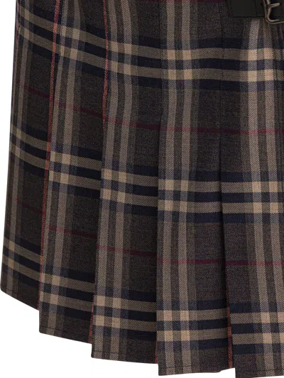 Burberry Wool Skirt With Embroidered Buckle And Pleats In Brown