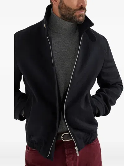 Brunello Cucinelli High Collar Wool Bomber Jacket In Black