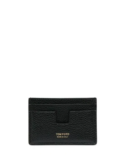 Tom Ford Black T Line Card-holder With Gold-colored Embossed Logo In Grainy Leather Man In Black