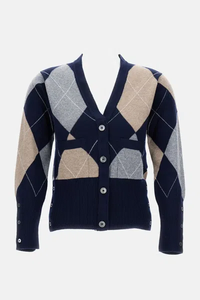 Thom Browne Navy Argyle Intarsia Cashmere V Neck Cardigan In Blue