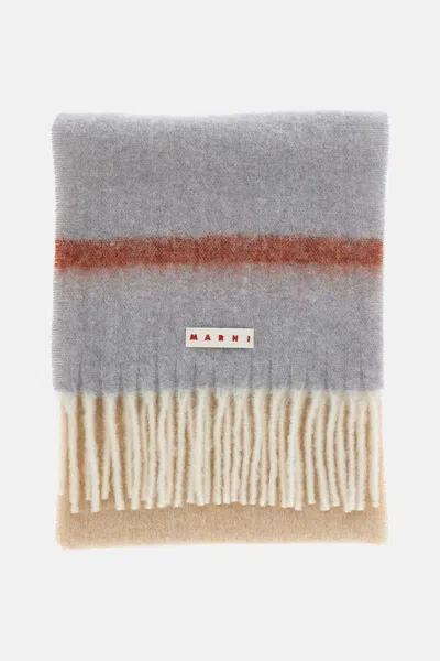 Marni Multicolour Wool Scarf With Fringed Edges And Logo Label In Gray