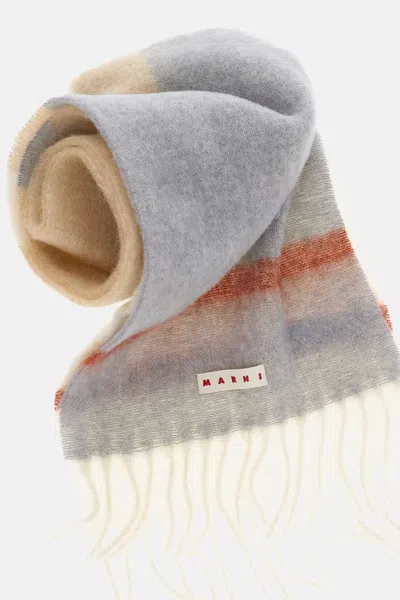 Marni Multicolour Wool Scarf With Fringed Edges And Logo Label In Gray