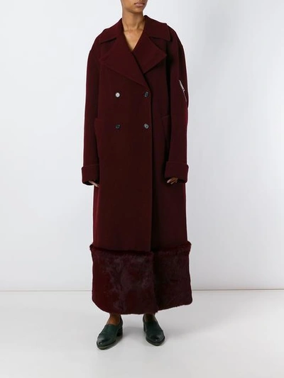 Shop Yang Li Long Fur Detail Overcoat - Red