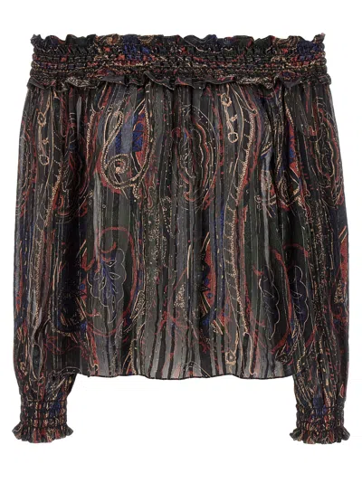 Saint Laurent Smocked Off-the-shoulder Blouse Ruffled Neckline In Brown